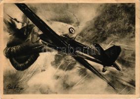 Deutsche Jagdflugzeug schiessen einen französischen Fesselballon in Brand. Zeichnung R. Heß. Der Adler die grosse Luftwaffen-Illustrierte / WWII German military aircraft, swastika / Német második világháborús katonai repülőgép s: R. Hess + "1941 Zombor visszatért" So. Stpl. (EB)