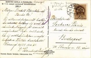 1940 Rozsnyó, Roznava; Barátkő szikla a Ökörhegyen (Pozsálón) a MTE (Magyar Turista Egyesület) rozsnyói osztályának menedékházánál. Hermély Sándor felvétele. Fuchs József kiadása. Hátoldalon Dr. Pázmándi István kir. járásbírósági elnök levele / Skalisko / mountain in winter