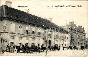 1907 Pancsova, Pancevo; M. kir. Törvényszék, Weiss szálloda, lovaskocsik, konflisok / court, hotel, horse-drawn carriages
