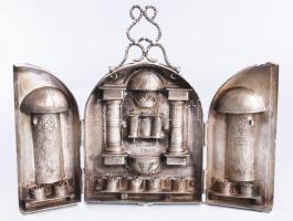 Ezüst (Ag) összecsukható hanukija úti gyertyatartó - az ókori szentély főbb elemeivel díszítve, gyer...