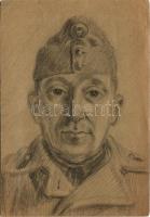Egyedi, kézzel rajzolt második világháborús tábori postai levelezőlap, katona portré / Unique hand-drawn WWII Hungarian military field postcard, soldier portrait (EB)