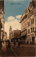 1918 Cieszyn, Teschen; street view, tram, shops
