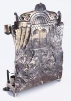 Ezüst (Ag) menóra oroszlánok és a kőtábla ábrázolásával, samesszel. cca 1867-1920, Prága jelzett, JK...