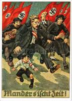1938 Mander s'ischt Zeit! / NSDAP Nazi propaganda, swastika, Judaica s: F. Köck + "Besuchet die Audsstellung Der Ewige Jude Wien" So. Stpl