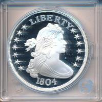 "1804-es "Dexter" 1$ érmének jelzett utánverete" Ag (20g/0.999/40mm) kapszulában, tanúsítvánnyal T:PP, folt "Copy of the 1804. "Dexter" 1 Dollar coin" Ag (20g/0.999/40mm) in capsule, with certificate C:PP spotted