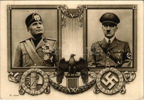 1938 Benito Mussolini and Adolf Hitler, swastika. Casa Editr. Ballerini &amp; Fratini (Firenze) s: G. P. + " FÜHRER DUX" So. Stpl (EK)