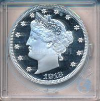 "1913-as "Liberty Head" 5c érmének jelzett utánverete" Ag (20g/0.999/40mm) kapszulában, tanúsítvánnyal T:PP, foltos "Copy of the 1913 "Liberty Head" 5 Cents coin" Ag (20g/0.999/40mm) in capsule, with certificate C:PP spotted