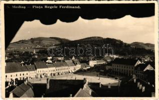 Medgyes, Mediasch, Medias; Piata Regele Ferdinand, Primaria, Politia, Drogueria / Ferdinánd király tér, rendőrség, Wilhelm Farkas, Heinrich Rechner, Wilhelm Oberth üzlete, automobil / square, police, shops, automobile