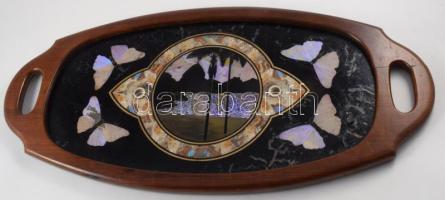 Szecessziós lepkeszárnykép tálca, középen tengerparti jelenet pálmafákkal, üvegezett, fán sérüléssel, 54x26 cm