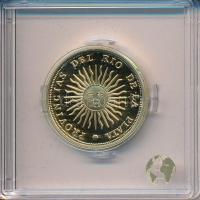 "Argentin arany onza érmének jelzett utánverete" aranyozott Ag (10g/0.999/25mm) kapszulában, tanúsítvánnyal T:PP "Copy of the Argentine gold onza coin" gilt Ag (10g/0.999/25mm) in capsule, with certificate C:PP