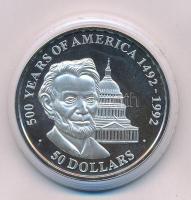 Cook-szigetek 1990. 50$ Ag "500 éves Amerika 1492-1992 - Abraham Lincoln" kapszulában T:PP...