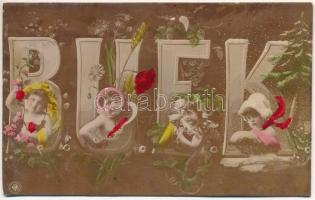 1907 BUÉK, két, egymásra ragasztott újévi montázs üdvözlőlap gyerekekkel és virágokkal / 2 New Year greeting montage postcards glued together, with children and flowers (r)