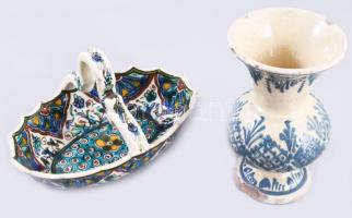 Kerámia kínáló és váza, sérüléssel, h: 18 cm, m: 14 cm