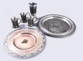 6 darab fém tárgy, tálak, poharak, d: 25 cm alatt