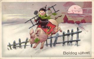 New Year pig ride litho