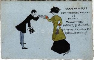 Budapest VII. Hauer Ilona reklámlapja, divatáruház, üzlet. Kertész utca 27. Mary Mill Nr. 679A. artist signed (EK)