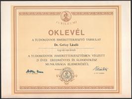 ca 1970 Grétsy László (1932-2024) nyelvész részére adományozott TIT Tudományos Ismeretterjesztő Társulat oklevél.