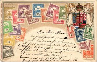 1908 A Magyar Királyi Posta bélyegei, címer / Hungarian stamps and coat of arms. Ottmar Zieher Philatelie-Ansichtskarte Nr. 222744. Emb. litho (lyuk / pinhole)