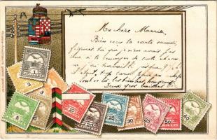 1908 A Magyar Királyi Posta bélyegei, címer / Hungarian stamps and coat of arms. Philatelie-Ansichtskarte. Emb. litho (EK)