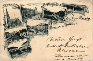 1898 Eszék, Essegg, Osijek; Oberstädter Pfarrkirche, Komitatsgasse, Kaupzinergasse, Eisenbahnbrücke, Jägergasse, Hauptplatz, Generalatskaserne &amp; Obergymnasium / Felsővárosi plébániatemplom, Vármegye utca, zsinagóga, vasúti híd, Fő tér, Vadász utca, Kapucinus utca, laktanya, gimnázium. Victor Fritsche kiadása, szecessziós-virágos keret / parish church, streets, synagogue, railway bridge, main square, K.u.K. military barracks, grammar school. Art Nouveau, floral (EM)