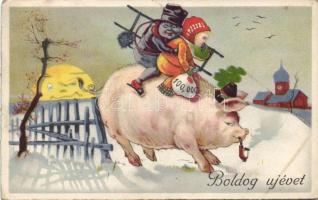 New Year pig ride litho