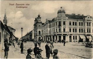 1910 Eszék, Essegg, Osijek; Zupanijka ulica / Comitatsgasse / utca, zsinagóga, gyógyszertár, piac, üzletek / street view, synagogue, pharmacy, market, shops (EK)