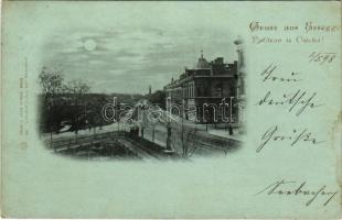 1898 Eszék, Essegg, Osijek; utca részlet este holdfényben, lóvasút / street view at night in moonlight, horse-drawn tram. Lichtdruck v. Louis Koch. Verlag v. Victor Fritsche (kis szakadás / small tear)