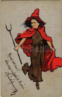 1905 Boszorkány vagy női krampusz, egyedi kézzel festett művészlap. L.W. jr. &amp; C.H. / Unique hand-painted lady Krampus or witch (EK)