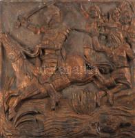 Páncélos lovagot ábrázoló régi faragott, aranyozott fali dombormű, kopott, 36x36 cm