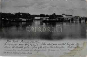 1910 Újsziszek, Novi Sisak (Sziszek, Sisak); látkép, híd, uszály. S. Jünker kiadása / general view, bridge, barge (kis szakadások / small tears)