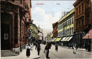 1923 Zagreb, Zágráb; Ilica / utca, üzletek, bank, villamos / street view, shops, bank, tram (lyuk / hole)