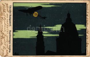 1915 Budapest, Repülőverseny meeting. Sziluettes művészlap, hátoldalán Wágner a hangszerkirály reklámja / Aircraft meeting, silhouette art postcard s: Bér (EB)