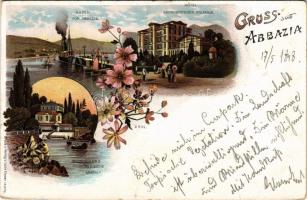 1898 Abbazia, Opatija; Hafen von Abbazia, Hotel Kronprinzessin Stefanie, Seebäder und Hydropatsiche Anstalt / port, hotel, spa, beach. Druck u. Verlag Louis Glaser Art Nouveau, floral, litho (fa)