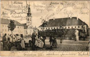 1905 Károlyváros, Karlovac; Jelacicev trg / Jellasics tér, piac, templom. R. Mosinger, Ivan Sagan kiadása / square, market, church (fl)