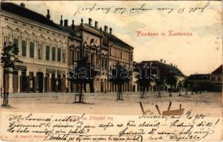 1900 Károlyváros, Karlovac; Pogled na Zrinjski trg / Zrínyi tér, David Kramer, Jos. Purebl üzlete. St. Jugovic kiadása / square, shops (fl)
