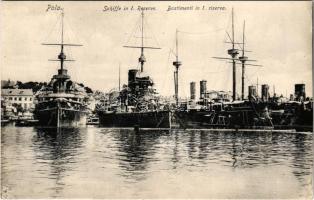 Pola, Pula; K.u.K. Kriegsmarine Schiffe in I. Reserve, Kriegshafen / Bastimenti in Ia Riserva / Osztrák-Magyar Haditengerészet csatahajói a tartalékkikötőben. SMS Prinz Eugen és SMS Tegetthoff / Austro-Hungarian Navy battleships in the reserve dock