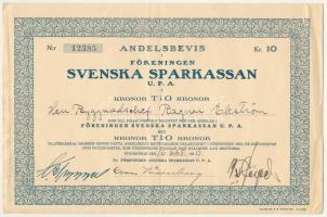 Svédország / Stockholm 1939. "Svéd Takarékpénztárak Szövetsége" névre szóló részvénye 10K-ról, szelvényekkel T:VF Sweden / Stockholm 1939. "Föreningen Svenska Sparkassan" share with bearer's name about 10 Koronor with coupons C:VF