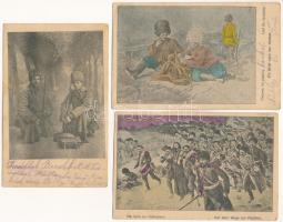 1915 3 db RÉGI első világháborús orosz katonai művészlap Frantz Bélától feleségének címezve / 3 pre-1945 WWI Russian military art postcard from a Hungarian soldier to his wife + "K.u.k. Divisionsmunitionspark No. 31. Kanonenmunitions Kolonne No. 2." Tábori postahivatal 90"