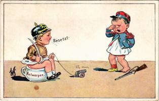 Antwerpen besetzt / Német nyelvű humoros katonai művészlap gyerekekkel / German humour military art postcard with children No. 640. (EK)