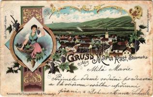 1898 Ruse, Maria Rast (Steiermark); general view, Styrian folklore. Kunstanstalt Karl Schwidernoch Art Nouveau, floral, litho (fa)