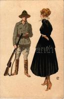 1918 Elegáns hölgy és katona. / Elegant lady and soldier art postcard. Ed. R.A. Serie 101. litho + "K.u.k. Feldpostamt 466" (EK)