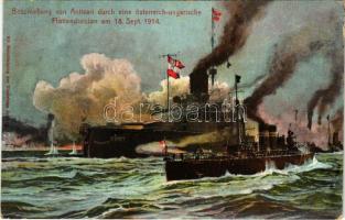Beschießung von Antivari durch eine österreichisch-ungarische Flottendivision am 18. Sept. SMS Budapest, SM Torpedoboot Phönix. K.u.K. Kriegsmarine / Antivari (Bar) bombázása az Osztrák-Magyar Haditengerészet SMS Budapest Monarch-osztályú partvédő páncélosa és a "Phönix" KAIMAN-osztályú torpedónaszád által / WWI Austro-Hungarian Navy art postcard. Bombardment of Antivari by SMS Budapest coastal defense ship and "Phönix" (later 67 F) torpedo boat+ "K.U.K. KRIEGSMARINE SMS PANTHER" (EK)