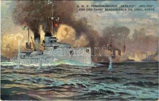 1916 S.M.S. Panzerkreuzer Sedlitz, Moltke, Von der Tann beschiessen die engl. Küste. M. Munk Wien Nr. 989. / WWI German Navy art postcard + "K.u.k. Kommando der Befestigungsgruppe Kaiser u. König Franz Josef" + "K.u.k. Marinefeldpostamt Pola" (EK)