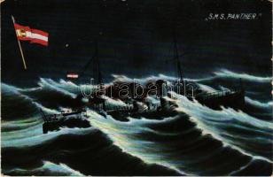 1915 SMS Panther az Osztrák-Magyar Haditengerészet Panther-osztályú torpedócirkálója este / K.u.K. Kriegsmarine Torpedoschiff / SMS Panther Austro-Hungarian Navy torpedo cruiser at night. G. Fano Pola No. 75. + "K.u.k. Kriegsmarine S.M.S. Panther" (EK)