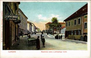 Ljubljana, Laibach; Reselnova cesta z jubilejskega mosta / Apotheke zu Mariahilf / street view, pharmacy, shops. Kleinmayr &amp; Fed. Bamberg