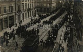 Ljubljana, Laibach; K.u.K. military parade, marching soldiers, tram, shops. Atelier J. Pogacnik photo