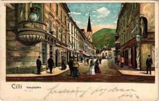 1905 Terme Dobrna, Bad Neuhaus bei Cilli (Celje); Hauptplatz / main square, shops. Fritz Rasch Art Nouveau, litho (EB)