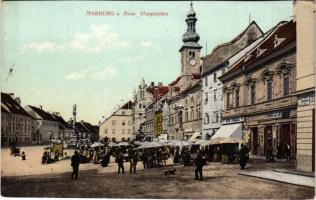Maribor, Marburg; Hauptplatz / main square, market, town hall, shops (EK)