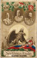 Szerbiát levertük, II. Vilmos német császár, I. Ferenc József osztrák császár és magyar király, Ferdinánd bolgár cár, címerek / Serbiens Ende / the end of Serbia, WWI military, II. Wilhelm German emperor, Franz Joseph of Austria, Ferdinand of Bulgaria, coat of arms (gyűrődések / creases)