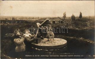 Géppuska repülők támadása ellen (légvédelmi géppuska) a Strypa mentén. Hofmann cs. és kir. altábornagy hadcsoportja felvétele. Hadifénykép Kiállítás, Hadsegélyező Hivatal kiadványa / WWI Austro-Hungarian K.u.K. military, soldiers with anti-aircraft gun along the Strypa river (Ukraine) (fl)